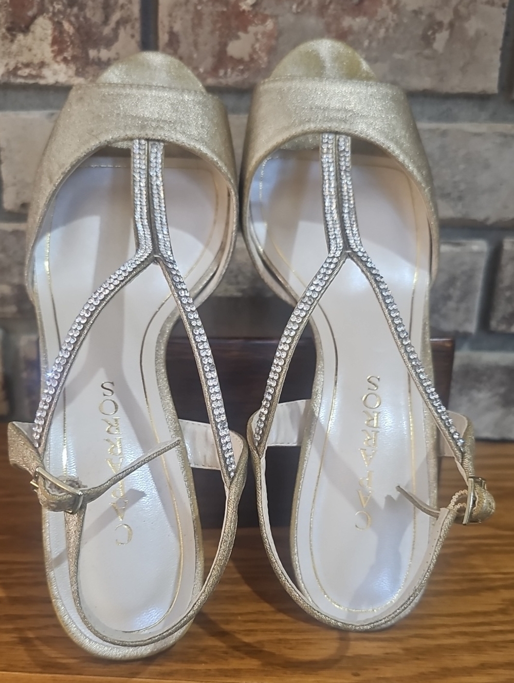 Caparros Delicia Gold Rhinestone T-Strap Dress Heels